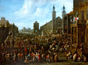 Scena targowa z ulicznymi wykonawcami i innymi postaciami (olej na płótnie) autorstwa Alexander van Bredael