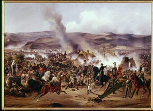Wojny napoleońskie: Bitwa pod Kulmem (obecny Chlumec) w Czechach (Czechy) 30.08.1813 r. przeciwstawienie armii francuskiej koalicji wojsk pruskich, austriackich i rosyjskich podczas kampanii niemieckiej. Malarstwo Aleksandra