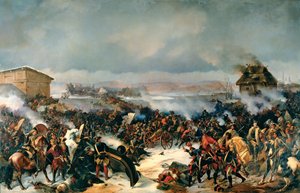 Bitwa pod Narwą, 19 listopada 1700. Epizod Wielkiej Wojny Północnej (1700-1721) między Szwecją a wszystkimi krajami bałtyckimi, Danią, Polską i Rosją. Obraz Aleksandra (Alexander) von Kotzebue (1815-1889), olej na płótnie