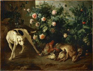 Pies pilnujący zwierzyny w pobliżu krzewu róży - Chien gardant du gibier aupres d