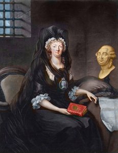 Portret Marii Antoniny (1755-1793) w głębokiej żałobie w więzieniu Świątyni (lub „”Marie Antonina u Concierge, w żałobie, z kameą, wisiorek przedstawiający Delfina, trzymającego życie Maryi Królowej Szkotów , popiersie Ludwika XVI i Te autorstwa Alexandre (after) Kucharski