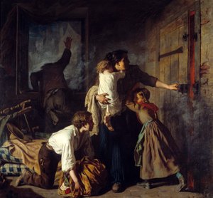 Scena pożaru. Rodzina tkwiąca w ich mieszkaniu próbuje uciec przed pożarem budynku. Ojciec rodziny woła o pomoc z okna. Obraz Aleksandra Antigna (1817 - 1878)