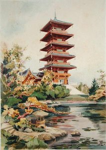 Japońska wieża w parku królewskim w Laeken, Belgia, z Orientalisme et Architecture Contemporaine, rytowana przez Julesa Adolphe Chauveta (ur. 1828) (patrz także 171915, 172965, 172990) autorstwa Alexandre Auguste Louis Marcel