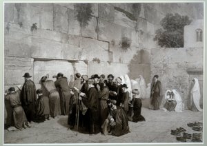 Judaizm: „”Ściana Salomona”””Mężczyźni i kobiety religii żydowskiej modlący się przed Ścianą Płaczu. Przed 1857 r. Rysunek Alexandre Bida (1823-1895), pranie, długopis i ołówek na papierze, wym. 0,61x0,87 m Malmaison, muzeum zamku