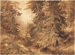 Starożytny las sosnowy z górskim potokiem autorstwa Alexandre Calame