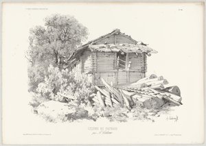 Chata z bali z leżącymi pniami drzew na pierwszym planie autorstwa Alexandre Calame