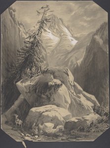 Trzy kozy w górskim krajobrazie autorstwa Alexandre Calame