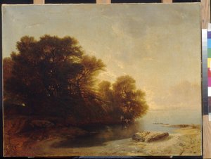 Drzewa nad jeziorem – Calame, Alexandre (1810-1864). Olej na płótnie, Wymiar: 62x81. Państwowe Muzeum Sztuk Pięknych im. A. Puszkina, Moskwa autorstwa Alexandre Calame