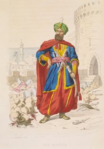 Ali Chodża, władca Algieru w latach 1816-1818, olśniewający w zielonym turbanie i z pięknym mieczem, otoczony odciętymi głowami pokonanych wrogów po bombardowaniu w 1816 r., połowa XIX w. (kolorowa rycina)