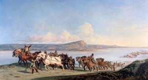 Dołączenie koni ciągnących łodzie w dół Rodanu, c1825-1870 autorstwa Alexandre Dubuisson