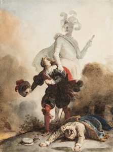 Don Juan et Leporello rencontrent la statue du Commandeur au cimetière (grafitowy, długopis i brązowy tusz z akwarelą na papierze, wzmocniony gumą arabską) autorstwa Alexandre Evariste Fragonard