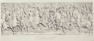 Spotkanie Franciszka I i Henryka VIII na Polu Złotych Szmat, według rzeźbionej kamiennej płaskorzeźby w Hotelu de Bourgtheroulde, Rouen, Normandia, 1501-37, wyryte przez Godefroy Engelmann (1788-183). autorstwa Alexandre Evariste Fragonard