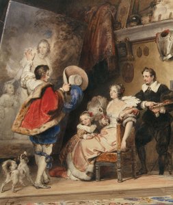 Młody mężczyzna podziwia portret damy i jej córeczki autorstwa Alexandre Evariste Fragonard