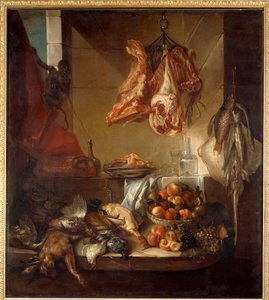 Wnętrze kuchni martwa natura z dziczyzny, owoców i mięsa. Obraz Francois Desportes (1661-1743) XVIII-wieczne Chalons sur Marne, Musee des Beaux Arts