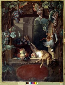 Martwa natura na kratce Winogrona, peche i dziczyzna (zając, martwy ptak) Obraz Francois Desportes (1661-1743) XVIII-wieczne Słońce. 1,17x0,88 m Lyon, Musee des Beaux Arts autorstwa Alexandre Francois Desportes