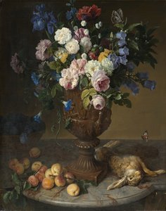 Urna z kwiatami z owocami i zająca, 1715
