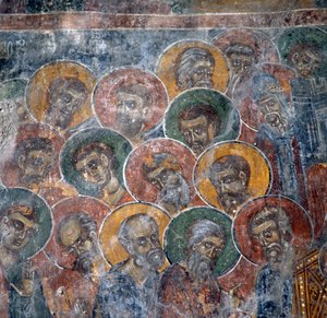 Grupa świętych, fresk w kościele w Anisaraki koło Kandanos, Kreta, Grecja (foto) autorstwa Nicolas Toussaint Charlet