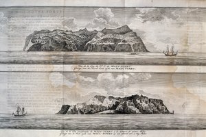 Widok na wyspę Alejandro Selkirk lub wyspę Mas Afuera, archipelag Juan Fernandez, Chile, grawerowanie