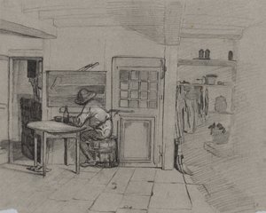 Wnętrze wiejskiego domu z chłopcem przy stole, ok. 1900 r. 1846. autorstwa Alexandre Gabriel Decamps
