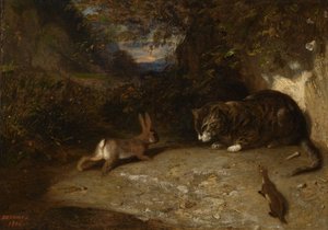 Kot, łasica i królik, 1836 autorstwa Alexandre Gabriel Decamps