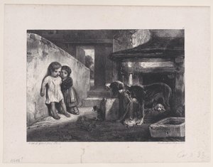 Dzieci przestraszone przez warczącego psa, z cyklu Sceny polowania, 1829. autorstwa Alexandre Gabriel Decamps