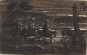 Trzech arabskich jeźdźców przekraczających rzekę autorstwa Alexandre Gabriel Decamps