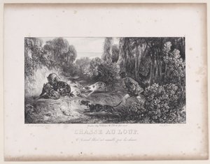 Polowanie na wilka: Zranione zwierzę zaatakowane przez psy, z serii Sceny polowania, 1829. autorstwa Alexandre Gabriel Decamps
