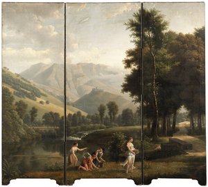 Arkadyjski krajobraz z dziewczętami zbierającymi kwiaty nad brzegiem rzeki, za nim zamek na wzgórzu, 1801