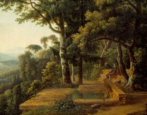 Filozof Jean Jacques Rousseau (1712-1778) medytujący w 1770 roku w Parc de la Rochecordon niedaleko Lyonu Detal. Obraz Alexandre Hyacinthe Dunouy (1757-1841)