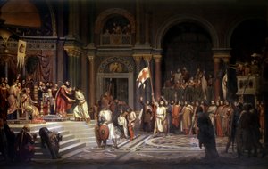 Godfryd z Bouillon przyjęty przez cesarza Konstantynopola Aleksego Komnenę w 1097 r. podczas obrony miasta przed Turkami podczas I krucjaty w latach 1096-1099, 1842