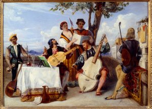 Weneckich muzyków koncertowych (wiolonczela, lutnia, skrzypce) oraz śpiewaków na tarasie obsługuje czarny służący. Obraz Alexandre Hesse (1806-1879) Nantes z XIX wieku, Muzeum Sztuk Pięknych