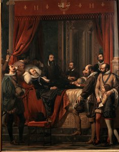 Śmierć Henryka IV, króla Francji, jego ciało wyeksponowane na obrazie w Luwrze autorstwa Alexandre Hesse (1806-1879)
