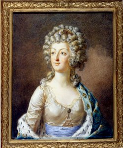 Portret Marii Antoniny (1755-1793) królowej Francji. Jej fryzura e ete frizz (loki) Obraz Alexandre Kucharskiego (1741-1819) XVIII wiek Kolekcja prywatna