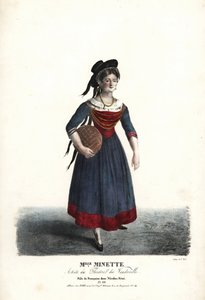 Aktorka Mademoiselle Minette lub Jeanne-Marie-Francoise Menestrier jako Francoise w Nicolasie Remi Sewrin, Theatre du Vaudeville autorstwa Alexandre Marie Colin
