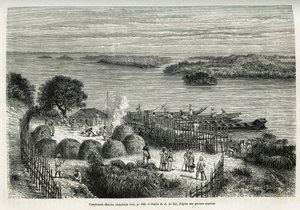 Obóz wzmacnia ekspedycję, aby chronić się przed kanibalami Mouana Ntaba, w pobliżu rzeki Leopold (Kongo), rys. A.De Bar, aby zilustrować historię „Przez tajemniczy kontynent”, podróż odbytą w latach 1874-1877 przez Sir HM Stanleya. Grawerowanie