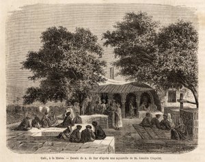 Widok kawiarni w La Marsa (Tunis), rysunek A.de Bar, ilustrujący podróż do Tunisu w 1859 roku autorstwa Amable Crapeleta. Grawerowanie w „”Le tour du monde””, pod redakcją Edouarda Chartona