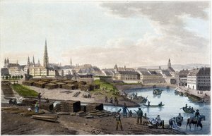 Widok na Wiedeń z wybrzeża Leopold-Stadt (prace na nabrzeżu) - w „Malownicza podróż do Austrii hrabiego Alexandre de Laborde”, Paryż, wyd. Starsza Didot autorstwa Alexandre de Laborde