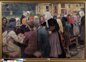 Posiłek. Długi stół ustawiony w ogrodzie, by serwować obiad tłumowi ludzi, dyżurne kobiety noszą białe chustki. Obraz Aleksieja Michajłowicza Korina (Korine) (1865-1923), olej na płótnie autorstwa Alexei Mikhailovich Korin