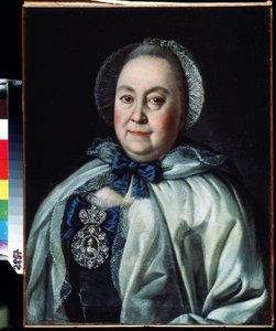 Portret damy oczekującej hrabiny Marii A. Rumiancewej (1698-1788) (Portret damy oczekującej hrabiny Marii A. Rumiancewej). Obraz Aleksieja Pietrowicza Antropowa (1698-1788). Olej na płótnie 62,5 x 48 cm