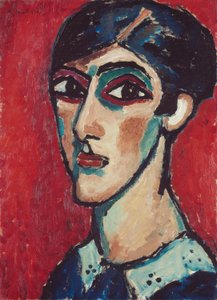 Podłużna głowa w kolorze brązowo-czerwonym (Duża głowa kobiety na czerwonym tle) autorstwa Alexej von Jawlensky