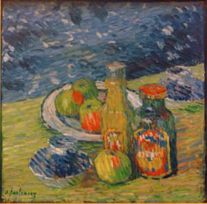 Martwa natura z butelkami, miską owoców i kubkiem autorstwa Alexej von Jawlensky