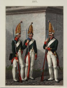 Grenadierzy pułku Preobrazhensky, Semenovsky i Izmailovsky w latach 1796-1797, lata 40. XIX wieku autorstwa Alexey Gavrilovich Petrovsky