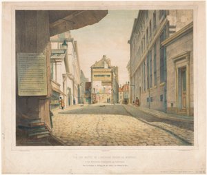Gezicht op de Rue Saint-Étienne-des-Grès te Paris Widok na pozostałości dawnego więzienia Montaigu i otaczające je niezwykłe zabytki (tytuł na obiekcie) autorstwa Alexis Perrassini