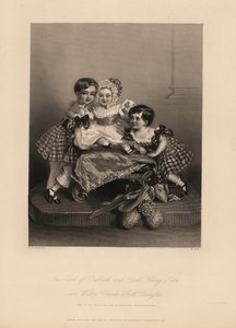 Hrabia Dalkeith (William Henry), Henry John i Walter Charles Scott Douglas, syn 5. księcia Buccleuch, 7. księcia Queensberry. Dwóch synów ma na sobie sukienki w kratę ze wstążkami, najmłodszy w czepek i satynową sukienkę. Grawer na stali autorstwa H. Cooka