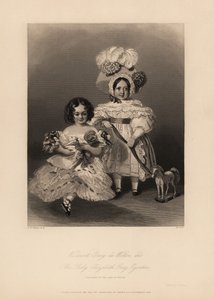 Wicehrabia Gray de Wilton i Elizabeth Grey Egerton, dzieci Thomasa Egertona, 2. hrabiego Wilton. Córka w lokach i plisowanej sukience trzyma lalkę, a syn w sukience i czepku z piór trzyma wstążkę przewiązaną do konia-zabawki. Grawerowanie stali autorstwa H