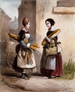 Małe metiers: piekarnia. Młody chodzący kupiec chleba. Rycina Alfreda Andre Geniole (1813-1861) z „Les femmes de Paris” 1841-1842 Paryż, Musee Carnavalet
