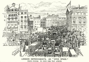 Punch cartoon: Usprawnienia w Londynie. „Otwarta przestrzeń” – zatłoczenie w wiktoriańskim Londynie (grafika) autorstwa Alfred Chantrey Corbould