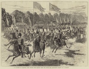 Recenzja w Windsor Park przed Jej Wysokością i Szachem, artyleria przechodząca galopem (rycina) autorstwa Alfred Chantrey Corbould