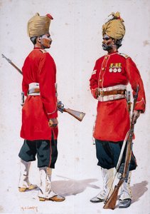 Żołnierze 102. grenadierów króla Edwarda i 101. grenadierów, ilustracja z „Armie Indii” majora G.F. MacMunn, wydana w 1911, 1908 autorstwa Alfred Crowdy Lovett