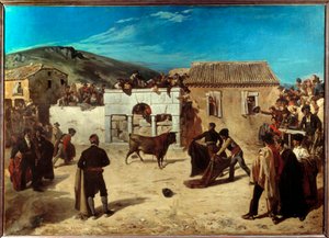 Novillada ma w Hiszpanii Escurial Scene, w której odbywają się walki byków między młodymi bykami a młodymi torreadorami. Obraz Alfreda Dehodencqa (1822-1882) 1850 Nd. 1,49x2,08 m Pau, Muzeum Sztuk Pięknych